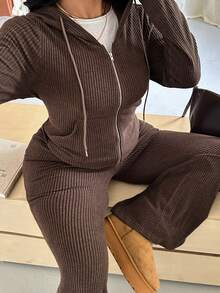 GalTyme Autumn/Winter Cargo Casual Baggy Ribbed Hooded Zip-Up Top Solid Color Slim Leggings Homewear Formal Plus Size 2 Pieces Set Fall Brown Holiday - Brown - View 3