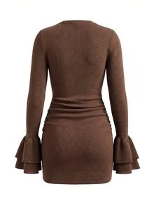 Lavishia Women's Elegant Round Neck Autumn Faux Linen Ruffle Hem Short Fitted Dress, New Autumn Dress - Coffee Brown - View 7