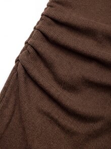Lavishia Women's Elegant Round Neck Autumn Faux Linen Ruffle Hem Short Fitted Dress, New Autumn Dress - Coffee Brown - View 11