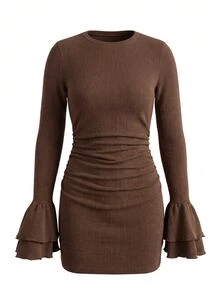 Lavishia Women's Elegant Round Neck Autumn Faux Linen Ruffle Hem Short Fitted Dress, New Autumn Dress - Coffee Brown - View 6