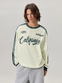 Vaulklash Men's American Vintage California Letter Print Summer Colorblock Webbing Raglan Sleeve Loose Slimming Crew Neck Sweatshirt - Multicolor - View 4