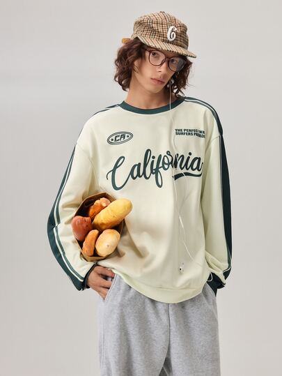 Vaulklash Men's American Vintage California Letter Print Summer Colorblock Webbing Raglan Sleeve Loose Slimming Crew Neck Sweatshirt