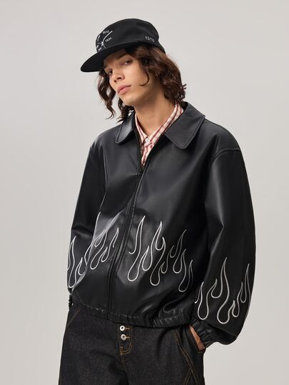 Vaulklash Men's Autumn Fashionable Flame Embroidery Zip-Up Jacket, Spring, Outdoor