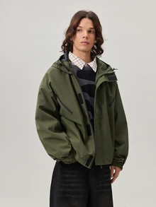 Vaulklash Men's Army Green Hooded Windbreaker Jacket With Graphic Zipper Detail And Tight Hem Urban Utility Style Long Drop Shoulder Woven Jacket - Army Green - View 4