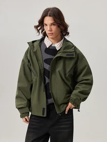 Vaulklash Men's Army Green Hooded Windbreaker Jacket With Graphic Zipper Detail And Tight Hem Urban Utility Style Long Drop Shoulder Woven Jacket - Army Green - View 5