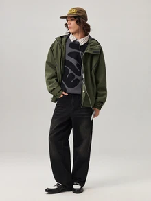 Vaulklash Men's Army Green Hooded Windbreaker Jacket With Graphic Zipper Detail And Tight Hem Urban Utility Style Long Drop Shoulder Woven Jacket - Army Green - View 2