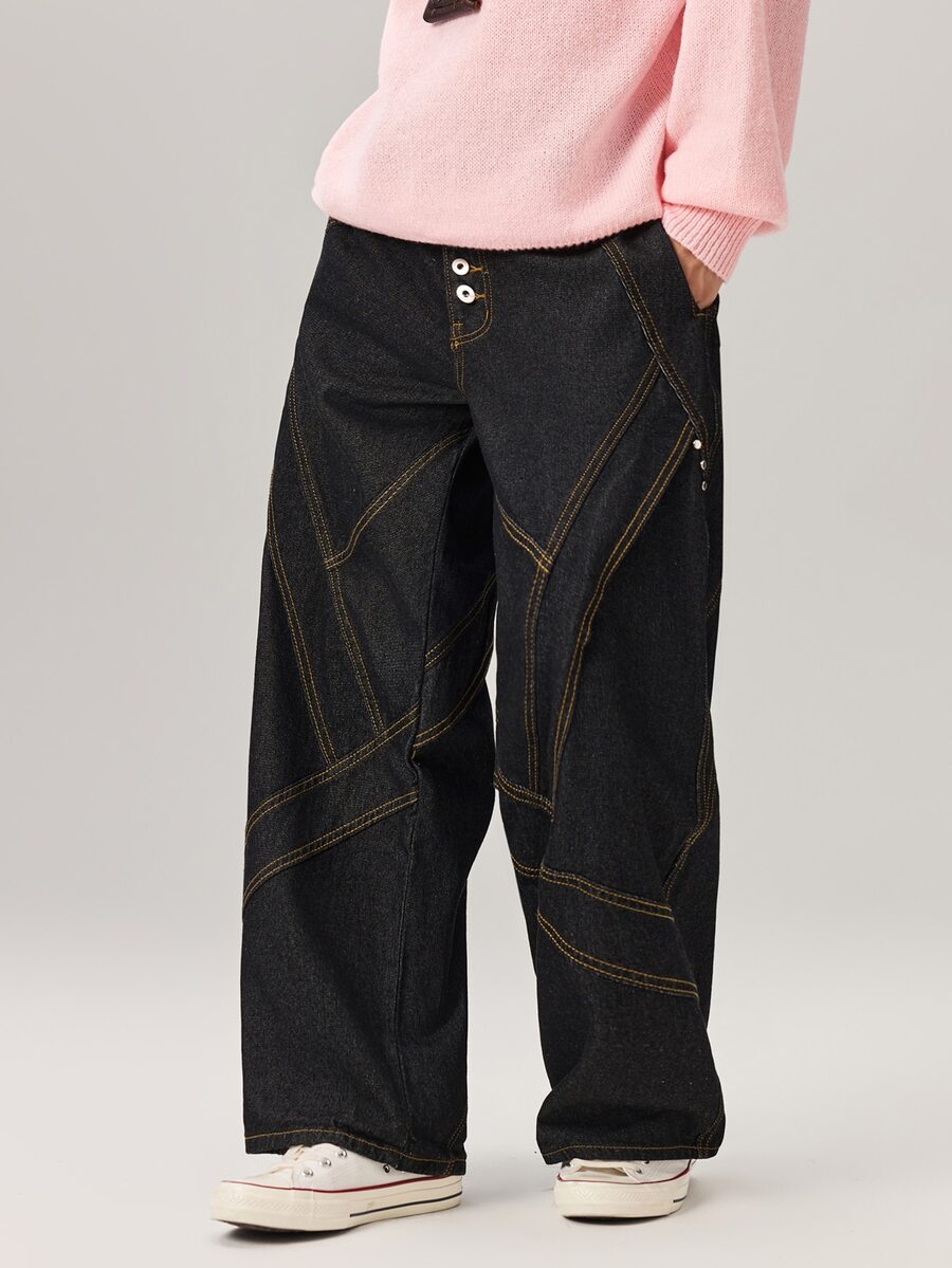 Vaulklash Men's Graphic Design Loose Fit Wide Leg Black Baggy Jeans New Vintage - Black - View 1