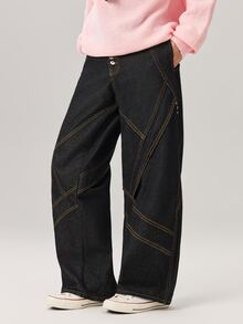 Vaulklash Men's Graphic Design Loose Fit Wide Leg Black Baggy Jeans New Vintage - Black - View 4