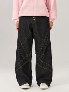 Vaulklash Men's Graphic Design Loose Fit Wide Leg Black Baggy Jeans New Vintage - Black - View 5