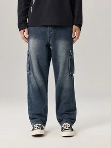 Vaulklash Men's Casual Washed Cargo Denim Jeans - Blue - View 5