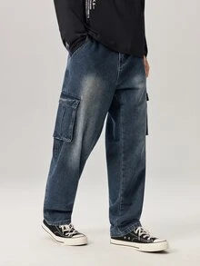 Vaulklash Men's Casual Washed Cargo Denim Jeans - Blue - View 4