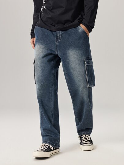Vaulklash Men's Casual Washed Cargo Denim Jeans