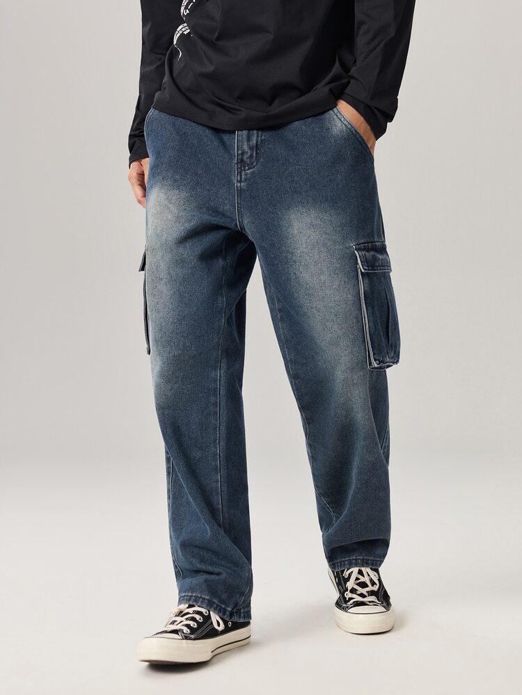 Vaulklash Men's Casual Washed Cargo Denim Jeans - Blue - View 1