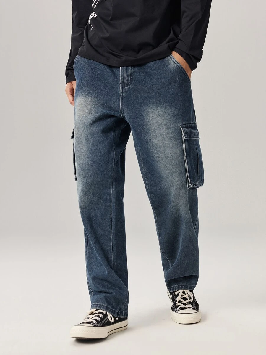Vaulklash Men's Casual Washed Cargo Denim Jeans - Blue - View 1