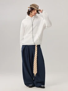 Vaulklash Men's Solid Color Pleated Pocket Wide Leg Loose Casual Corduroy Long Pants, Fall Winter - Navy Blue - View 7