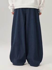 Vaulklash Men's Solid Color Pleated Pocket Wide Leg Loose Casual Corduroy Long Pants, Fall Winter - Navy Blue - View 3