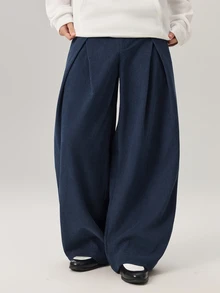 Vaulklash Men's Solid Color Pleated Pocket Wide Leg Loose Casual Corduroy Long Pants, Fall Winter - Navy Blue - View 1