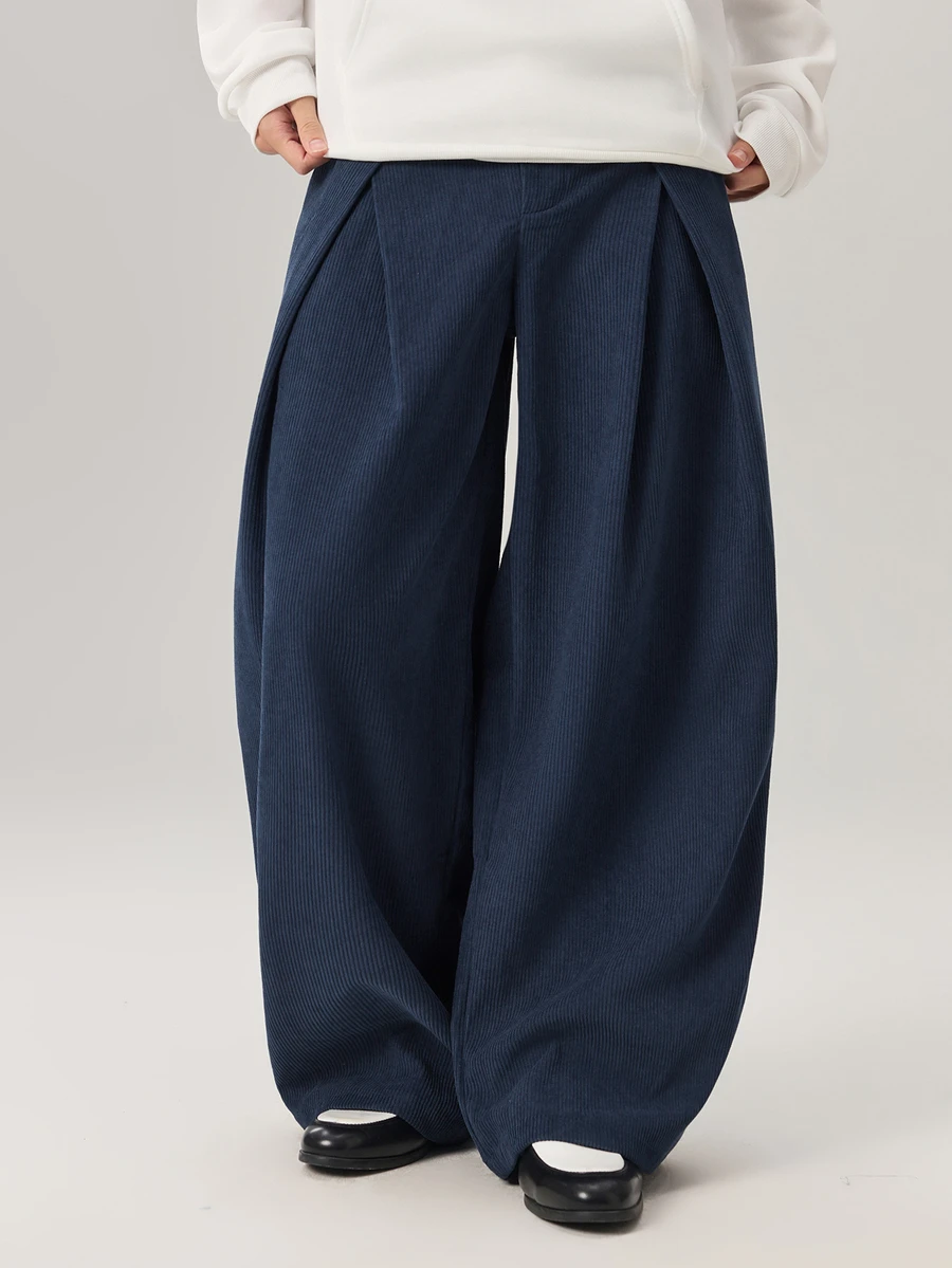Vaulklash Men's Solid Color Pleated Pocket Wide Leg Loose Casual Corduroy Long Pants, Fall Winter - Navy Blue - View 1