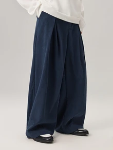 Vaulklash Men's Solid Color Pleated Pocket Wide Leg Loose Casual Corduroy Long Pants, Fall Winter - Navy Blue - View 4