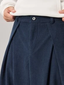 Vaulklash Men's Solid Color Pleated Pocket Wide Leg Loose Casual Corduroy Long Pants, Fall Winter - Navy Blue - View 8