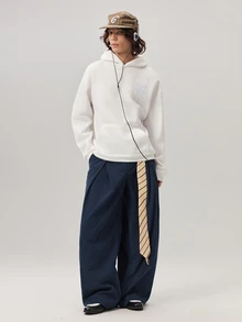 Vaulklash Men's Solid Color Pleated Pocket Wide Leg Loose Casual Corduroy Long Pants, Fall Winter - Navy Blue - View 2