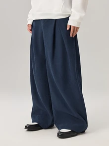 Vaulklash Men's Solid Color Pleated Pocket Wide Leg Loose Casual Corduroy Long Pants, Fall Winter - Navy Blue - View 6