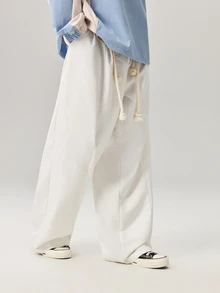 Vaulklash Men Loose Casual American Style White Wide Leg Pants, Fall Wide Leg - White - View 6