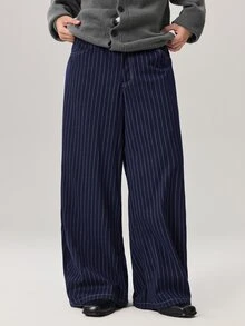 Vaulklash 男士时尚休闲梭织超大蓝色条纹 3D 字母刺绣宽松裤，适合日常夏季学校、秋季 - 深色水洗藍 - 查看 5