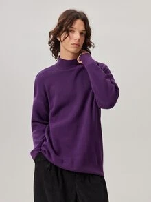 Vaulklash 男士休闲日常简约纯色罗纹针织衫，秋冬季，圣诞节适用，长袖上衣 - 紫色 - 查看 4