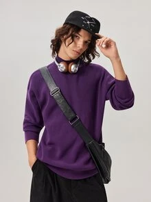 Vaulklash 男士休闲日常简约纯色罗纹针织衫，秋冬季，圣诞节适用，长袖上衣 - 紫色 - 查看 1