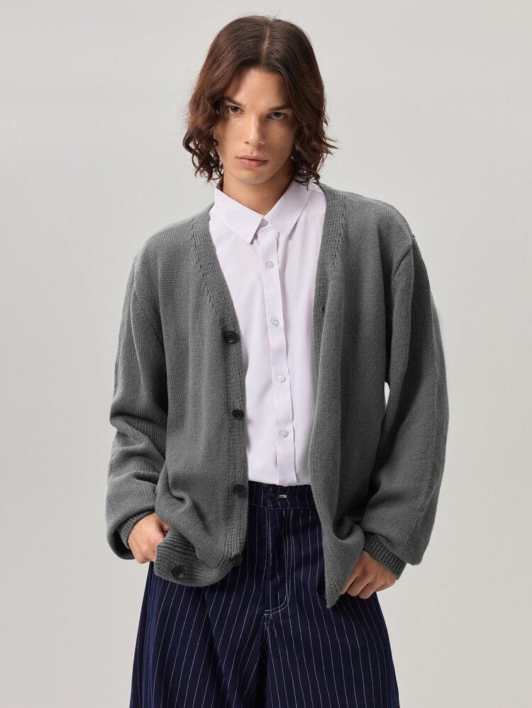 Vaulklash Men's Solid Color Button-Front Long Sleeve Casual Cardigan, Fall/Winter - Gray - View 7