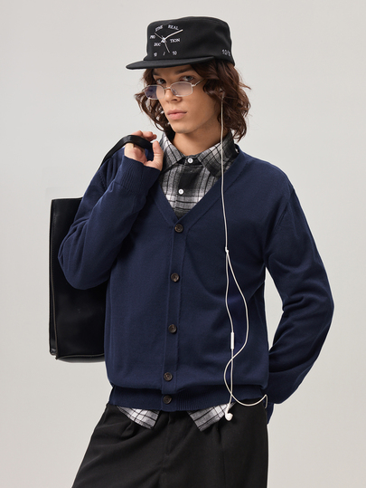 Vaulklash Men's Navy Blue Single-Breasted Cardigan,Long Sleeve Knitted Button Up Sweater Jacket,Autumn Casual Office Back-To-School Solid Color Cardigans