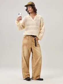 Vaulklash Men's Solid Color Turndown Collar Long Sleeve Minimalist Sweater, Casual Daily Wear, Fall - Multicolor - View 2
