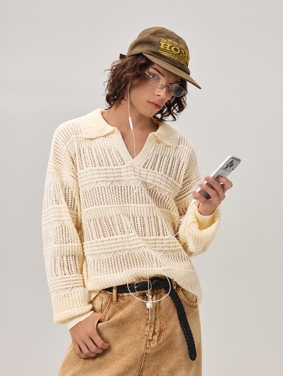 Vaulklash Men's Solid Color Turndown Collar Long Sleeve Minimalist Sweater, Casual Daily Wear, Fall