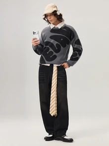 Vaulklash 男士休闲字母印花圆领套头长袖毛衣，秋冬季套头毛衣，适合外出、朋友聚会 - 深灰色 - 查看 2