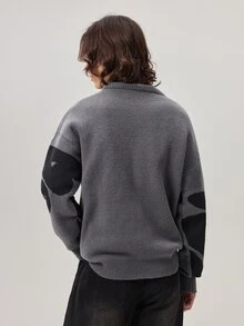 Vaulklash 男士休闲字母印花圆领套头长袖毛衣，秋冬季套头毛衣，适合外出、朋友聚会 - 深灰色 - 查看 3
