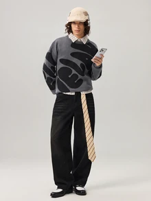 Vaulklash 男士休闲字母印花圆领套头长袖毛衣，秋冬季套头毛衣，适合外出、朋友聚会 - 深灰色 - 查看 7