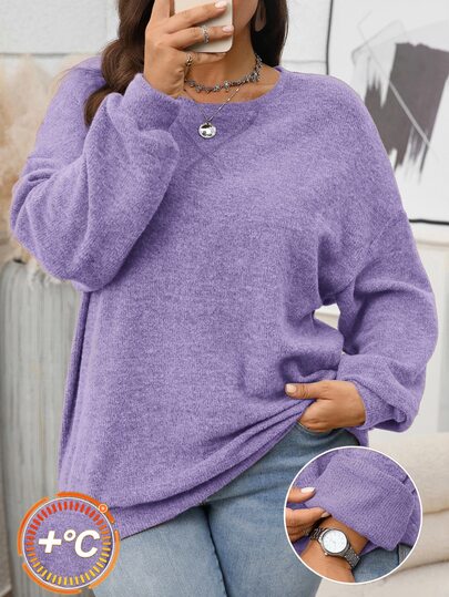Rosumi Sweatshirt Rajut Longgar Lengan Panjang Leher Bulat Bahu Jatuh Ukuran Besar untuk Wanita, Biru Muda, Musim Gugur, Kasual Elegan, Sehari-hari, Modis Sederhana untuk Kencan Malam