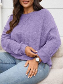 Rosumi Plus Size Round Neck Drop Shoulder Long Sleeve Loose Knit Sweatshirt For Women,Light Blue,Autumn,Smart Casual,Everyday,Simple Fashionable Date Night - Purple - View 5