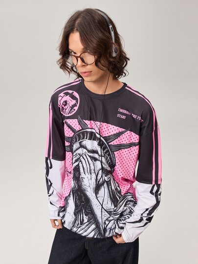 Vaulklash Men's Colorblock Round Neck Long Sleeve Minimalist Graphic Print Casual T-Shirt, Fall