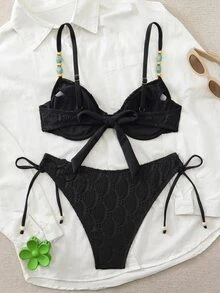 Swim Chiccia 26SS Spring/Summer Beach Vacation Textured Green Underwire Push-Up Bikini 2 Pieces Set - Black - View 2