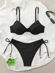 Swim Chiccia 26SS Spring/Summer Beach Vacation Textured Green Underwire Push-Up Bikini 2 Pieces Set - Black - View 5