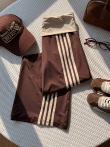 Comfortcana Women's Colorblock Striped Patchwork Fashion Casual Long Pants For Daily Wear - Coffee Brown - View 4