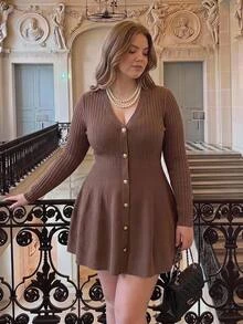 SHEIN MOD Plus Size Autumn Khaki Brown Long Sleeve Flared Knit Dress, Casual Vintage Style, Young Lady, Office Commute Outfit Winter - Brown - View 7