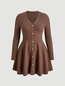 SHEIN MOD Plus Size Autumn Khaki Brown Long Sleeve Flared Knit Dress, Casual Vintage Style, Young Lady, Office Commute Outfit Winter - Brown - View 5