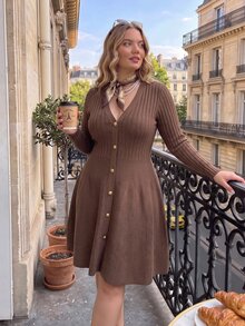 SHEIN MOD Plus Size Autumn Khaki Brown Long Sleeve Flared Knit Dress, Casual Vintage Style, Young Lady, Office Commute Outfit Winter - Brown - View 6