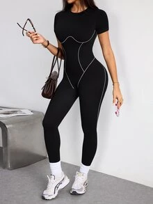 SHEIN Sports Women's Colorblock Flare Leg Casual Daily Wear Sports Jumpsuit - Black - View 4