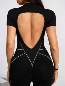 SHEIN Sports Women's Colorblock Flare Leg Casual Daily Wear Sports Jumpsuit - Black - View 7