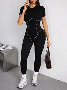 SHEIN Sports Women's Colorblock Flare Leg Casual Daily Wear Sports Jumpsuit - Black - View 6