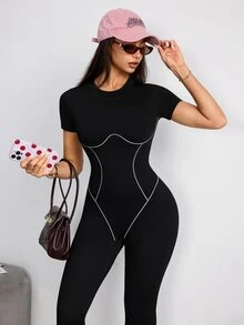 SHEIN Sports Women's Colorblock Flare Leg Casual Daily Wear Sports Jumpsuit - Black - View 2